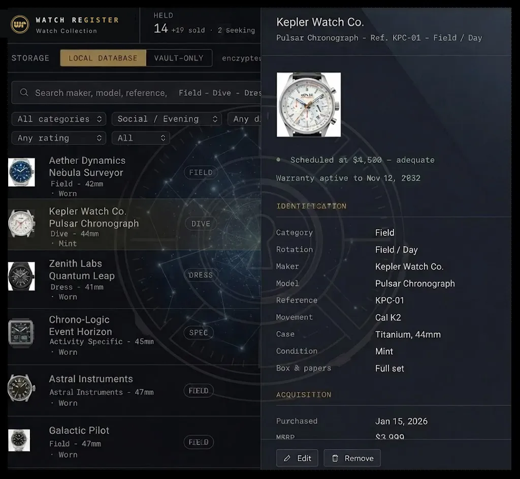 The Watch Register application on macOS: an encrypted watch collection catalogued by category, beside a detail panel showing one piece's identification, reference and movement, scheduled insurance value, warranty status and acquisition record. Illustrative data, not a real collection.
