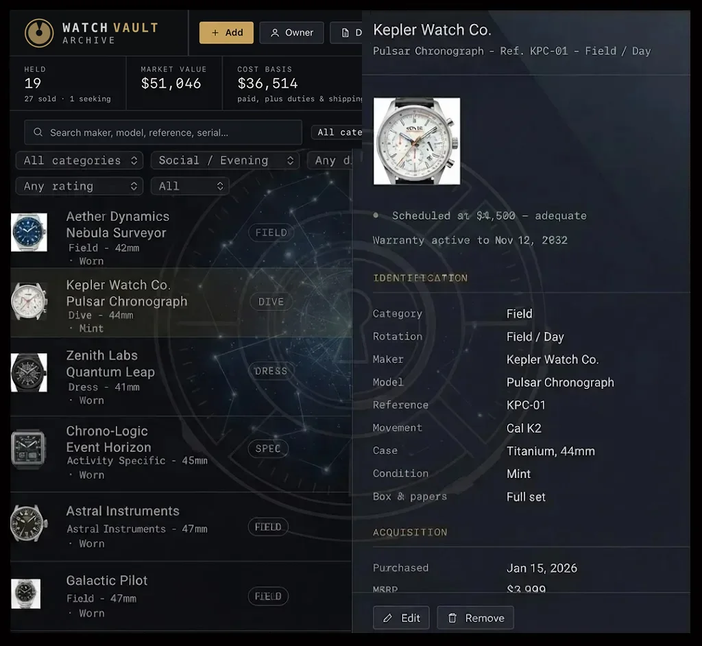 The Watch Vault Archive application on macOS: an encrypted watch collection cataloged by category, beside a detail panel showing one piece's identification, reference and movement, scheduled insurance value, warranty status and acquisition record. Illustrative data, not a real collection.