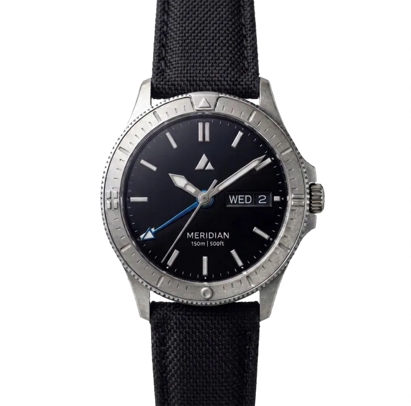 A fictional Aveneg watch on a black canvas strap, photographed for the example folio.