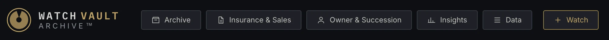 The application's menu bar: Archive, Insurance & Sales, Owner & Succession, Insights, Data, and the + Watch button, outlined in brass.