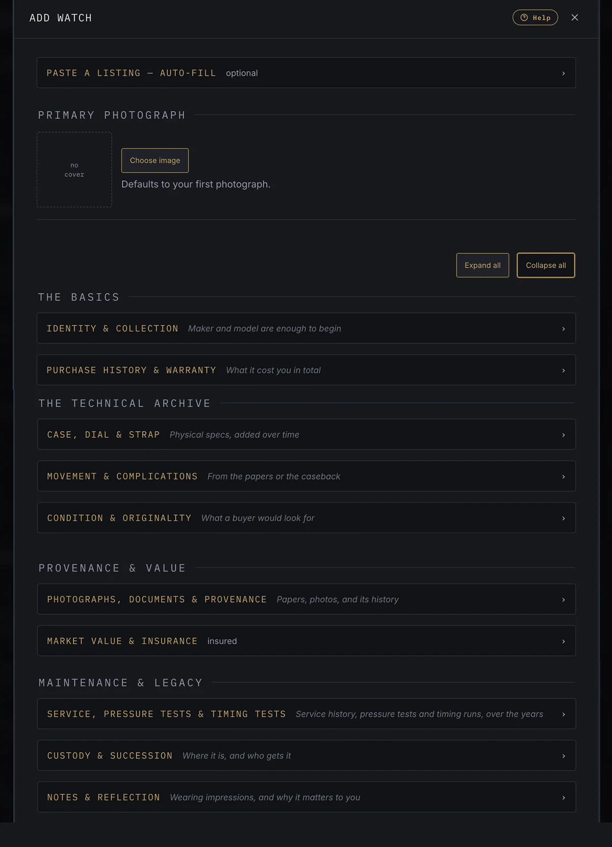 The Add Watch form with every section closed: Paste a listing — auto-fill, Primary photograph, then The Basics, The Technical Archive, Provenance & Value and Maintenance & Legacy, each listing its sections.