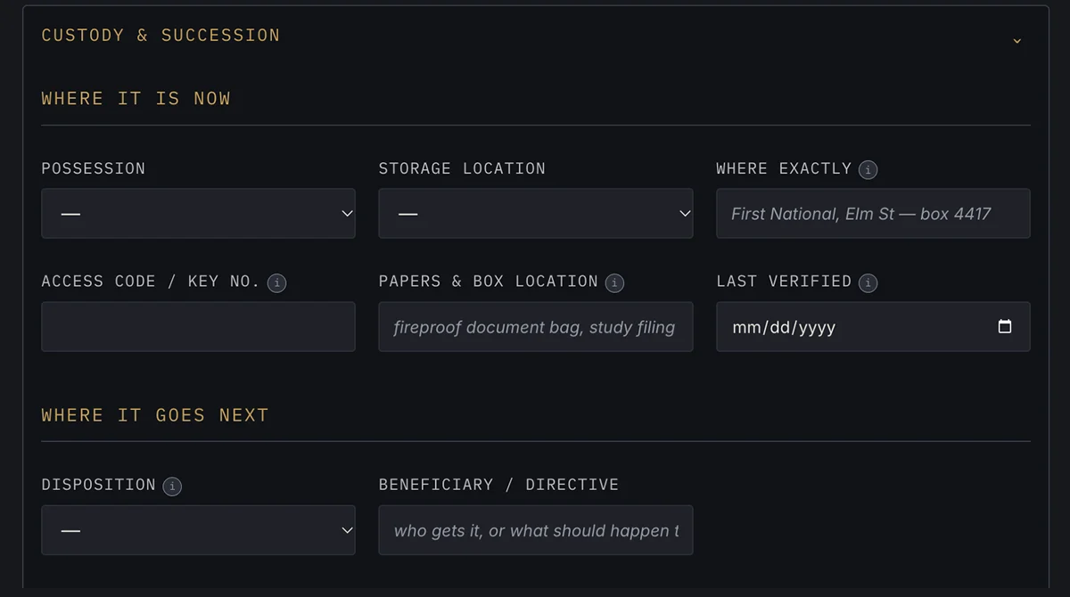 Custody & Succession, empty: possession, storage location, where exactly, access code, papers and box location, last verified, then disposition and beneficiary or directive.