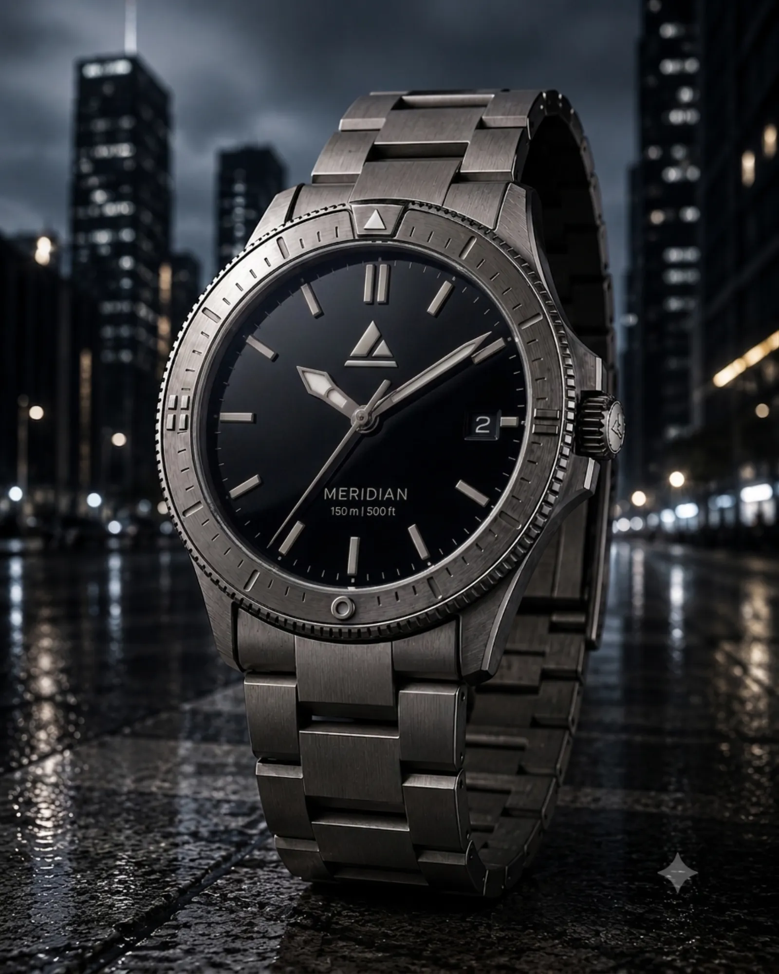 Meridian GMT on a titanium bracelet, a city at night behind it.
