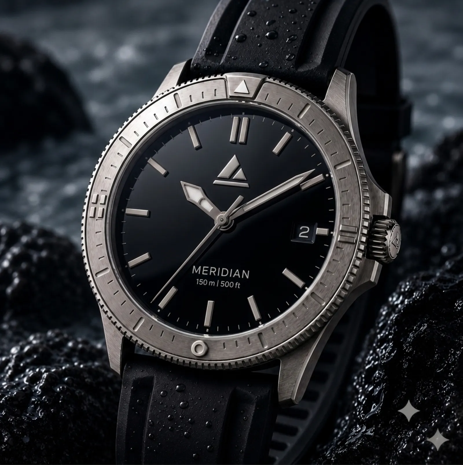 Meridian GMT, black dial, on a black strap, beaded with water.