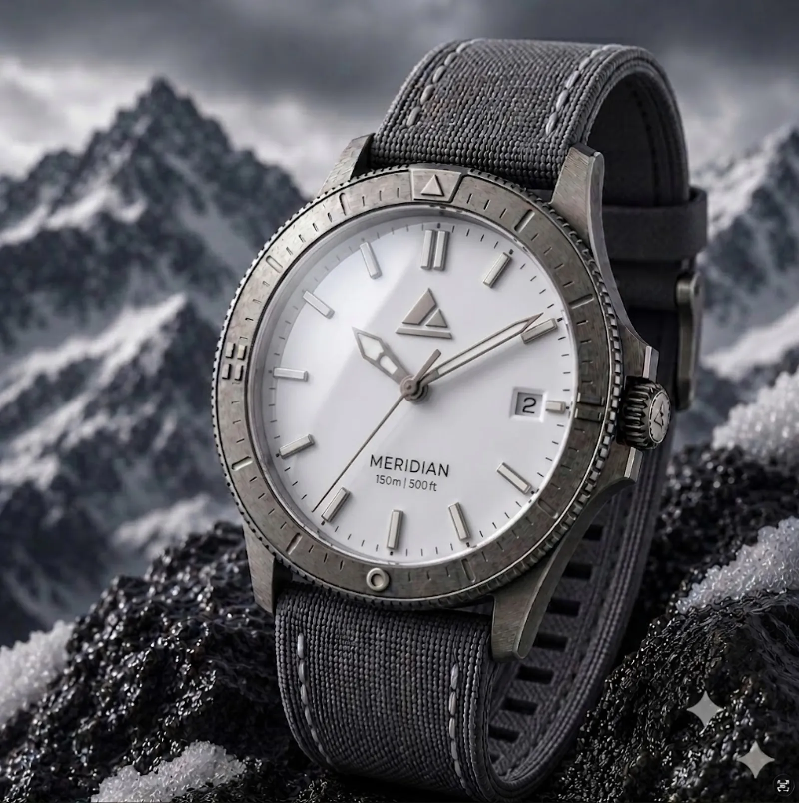 Meridian GMT with a white dial on a grey canvas strap, snow-covered peaks behind it.
