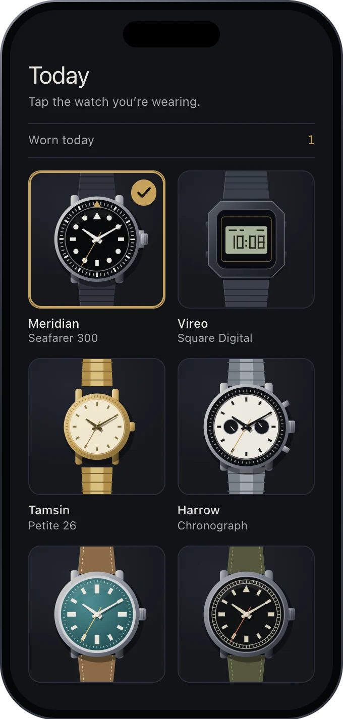 Watch Vault Tracker on a phone: the Today screen, a grid of watch photographs with one ticked as worn today.