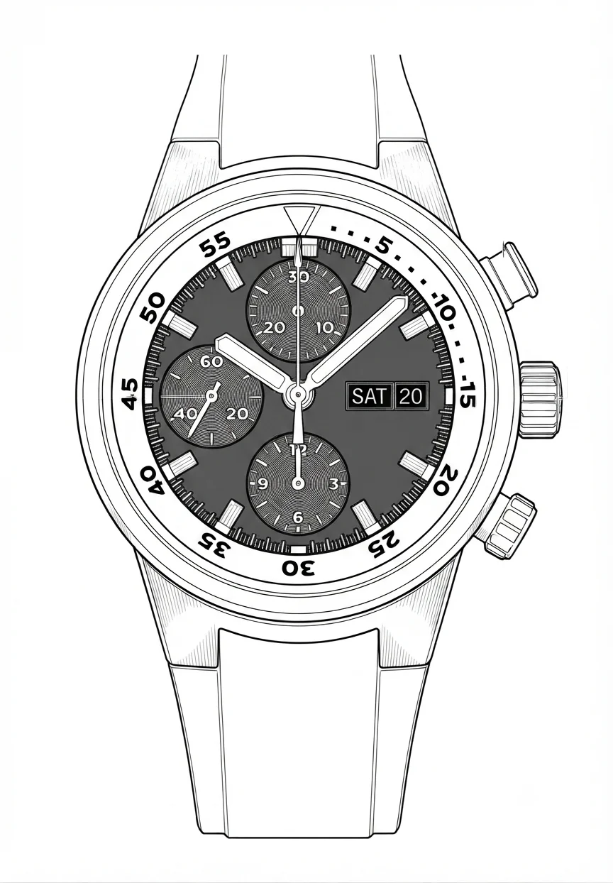 Line illustration of a dive chronograph, representative of the piece in this example.